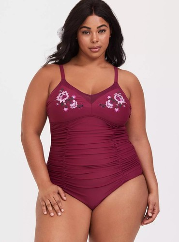 Torrid One Piece Swimsuit Womens Large Pink Embroidered Floral Ruched Tummy - Picture 2 of 12