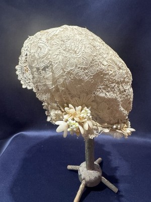 Antique Handmade Point de Gaze Lace Bridal Headpiece With Wax Flowers
