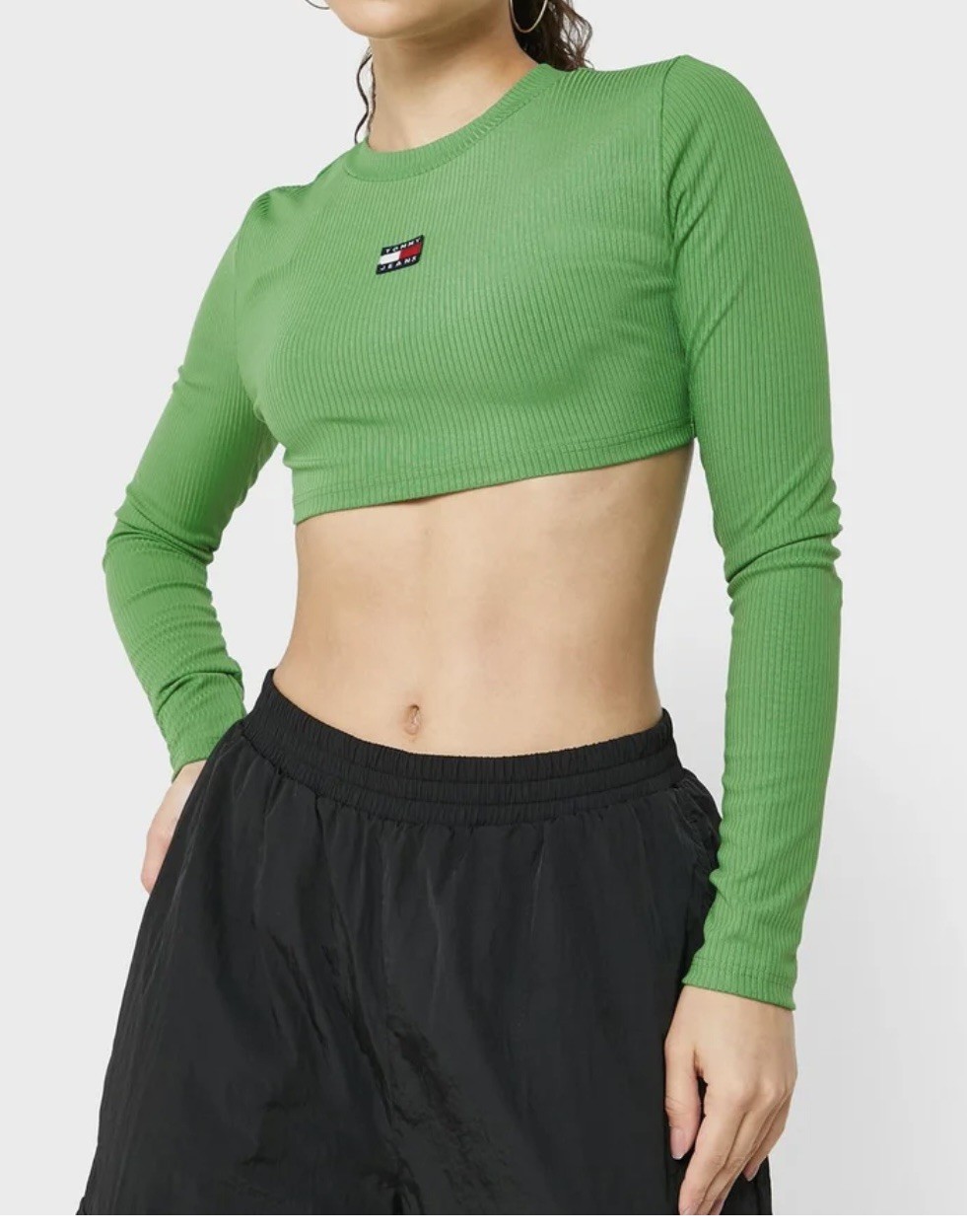 Tommy Hilfiger Jeans  Women’s Crop Top Ribbed Long Sleeve Size L RRP 90 Green image 2