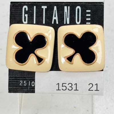 Vintage Pierced Earrings Black Cream Enamel Clover Square Stud Geometric y2k