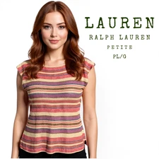 LAUREN RALPH LAUREN Petite PL Linen Cotton Silk Striped Knit Top Multicolor