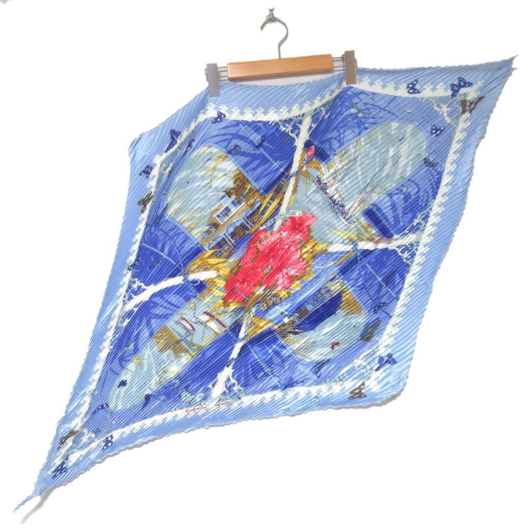 Hermes Varangues Pleated Silk Scarf Blue Balcony Print Preowned