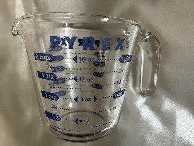 Vintage Pyrex 2 Cup Blue Lettering Measuring Glass Cup 500mL 16oz Made in USA