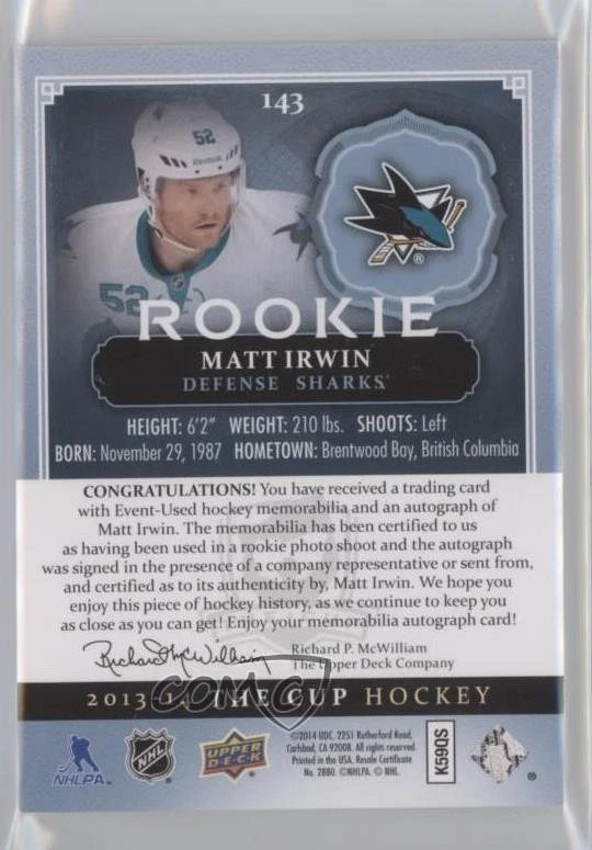 2013-14 The Cup Gold Patches/Auto /52 Matt Irwin #143 RPA Rookie Patch Auto RC - Image 2 of 2