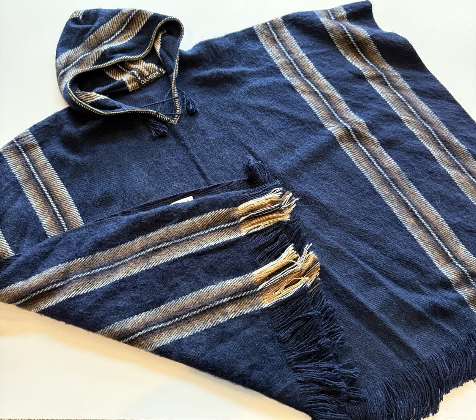 Gamboa Knit 100% Alpaca Wool Hooded Poncho Navy Striped Pull-over Fringe Peru