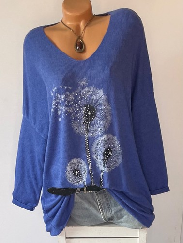 ITALY Gr.46,48,50 Pullover,Tunika,Longshirt,Pulli,Niete,Muster,Oversize,blau,Neu