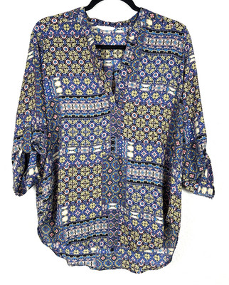 Lush Boho Tunic Blouse Womens L Multicolor Print Roll Tab Sleeve V Neck Top