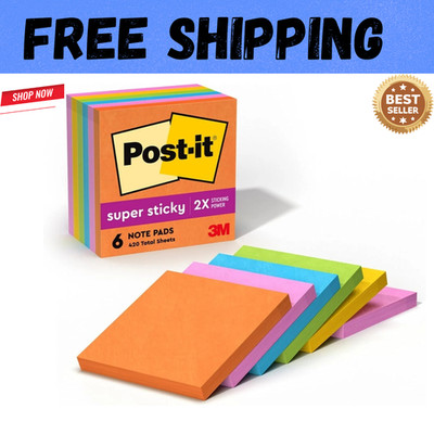 Post-it Super Sticky Full Stick Notes, 3 in X 3 In, 6 Pads, 2x the Sticking Powe