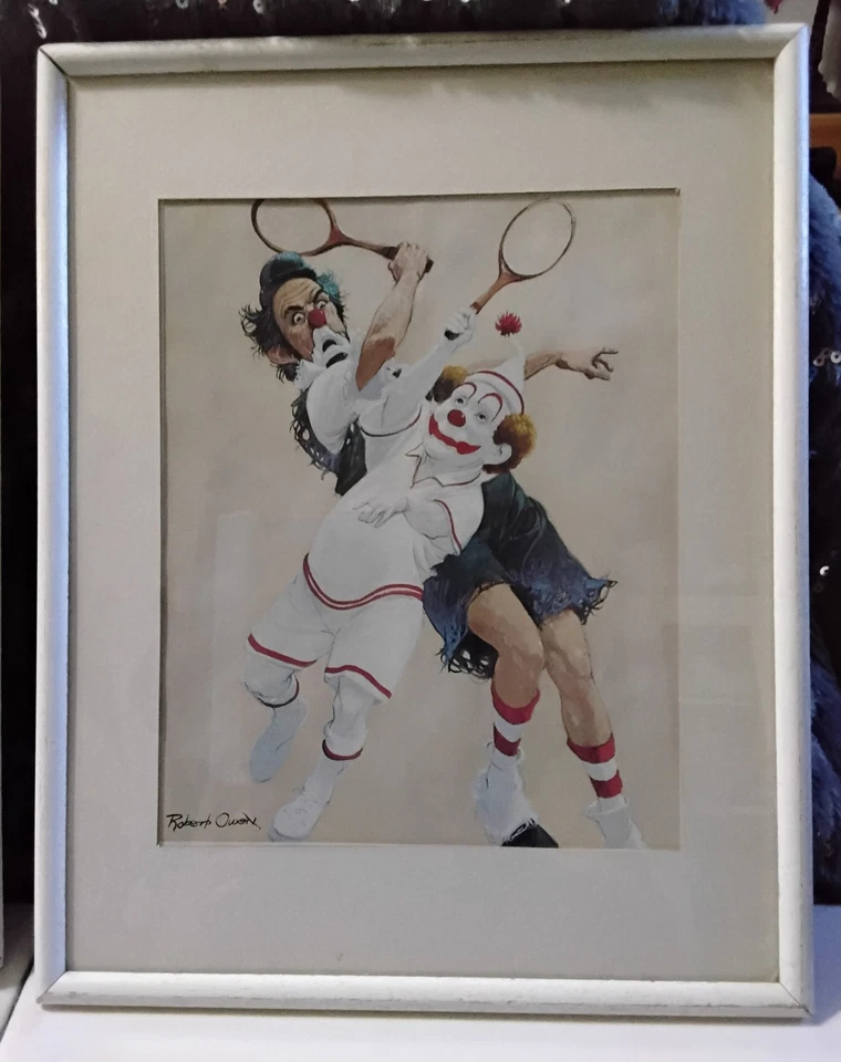 Juego de 2 payasos Robert Owen vintage con estampado de payaso jugando al tenis, arriba y lejos Foto 3 de 4