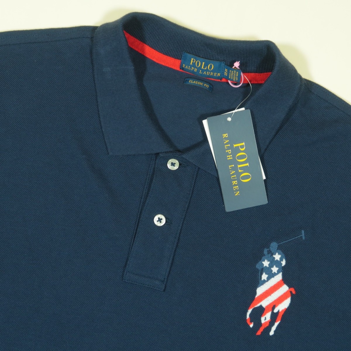 Polo Ralph Lauren Big Pony USA Flag Polo Shirt Womens XL Navy Blue