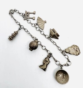 Chinese Export Sterling Silver Charm Bracelet Pagoda Immortal Vintage Jewelry