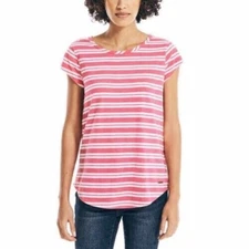 Nautica Women's Short Sleeve Keyhole Back Slub Tee T-Shirt Top Pink S