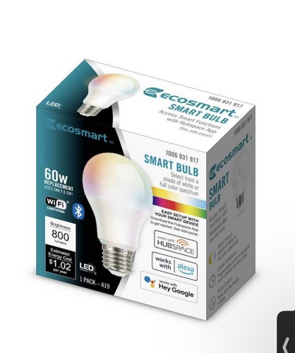 EcoSmart 60W Smart Hubspace A19 Color Changing CEC LED Light Wifi/Google/Alexa - Picture 2 of 2