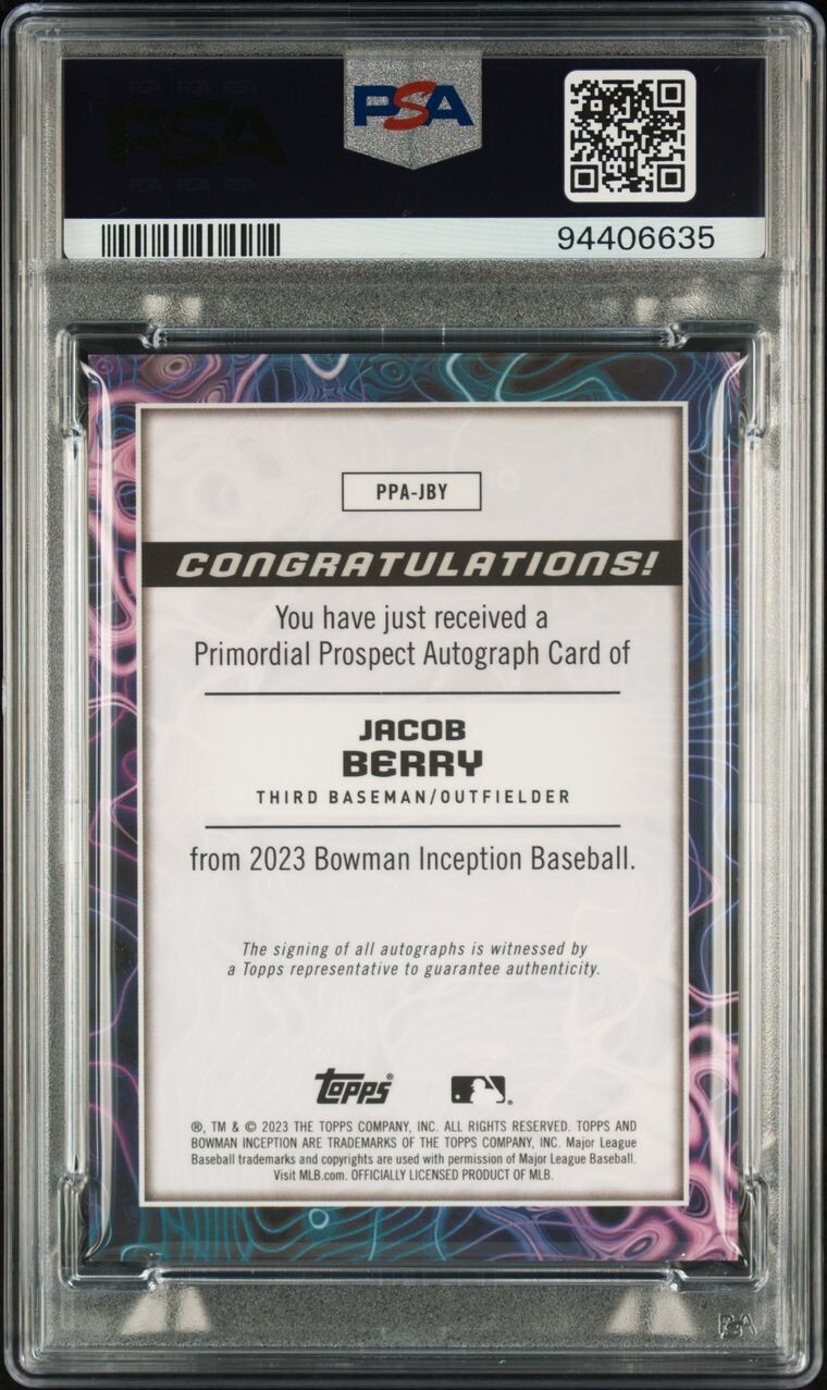 2023 Bowmnan Inception Jacob Berry Primordial Prospect Foilfractor Auto 1/1 PSA9 view 2