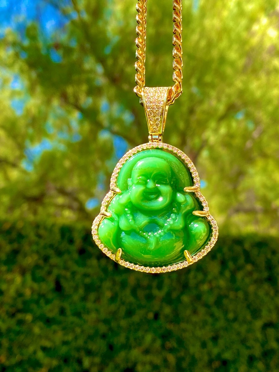 14k Gold Fortune luck Green Jade Icy Bling laughing Buddha Miami