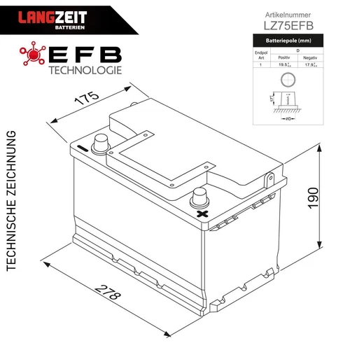 LANGZEIT EFB Batterie 75Ah 12V 760A/EN Start-Stop Batterie Autobatterie 70Ah - Bild 6 von 6