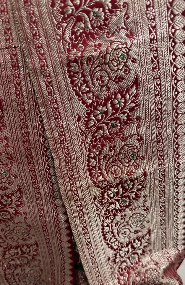 古董老式/复古深红重丝绸锦缎丝带用金属线制成 5 英寸 x 50 英寸 — 第 2/4 张图片