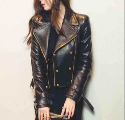 Women's Black Jacket Moto Style Genuine Leather Motorcycle Slim Fit Biker - Picture 1 of 3