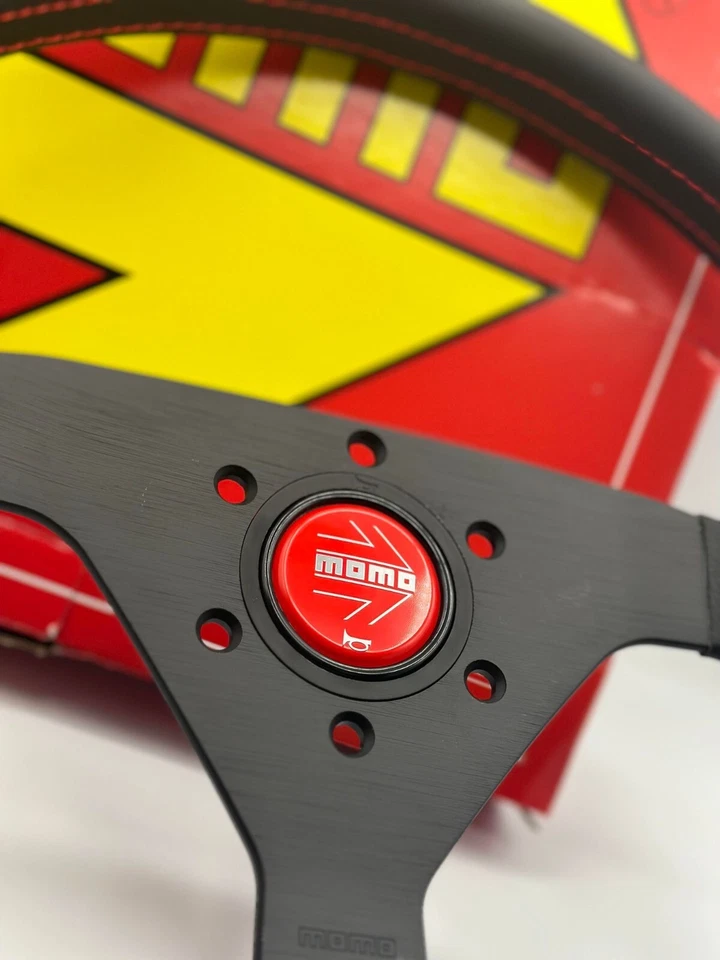 Momo MonteCarlo 350mm Leather Steering Wheel Red Horn Red Stitching MCL35BK3B - Image 3 of 4