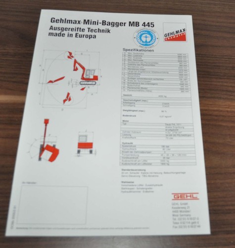 Gehl Max MB 445 Mini Bagger Compact Excavator Specifications Brochure Prospekt D - Picture 2 of 2