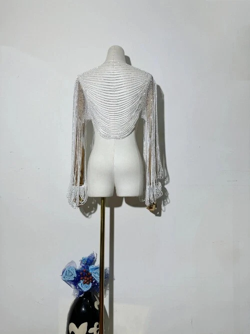 Nuevo Lo último Sexy Mujeres Camiseta sin mangas con cadena de diamantes Manga larga Brillante Estrás Foto 4 de 4