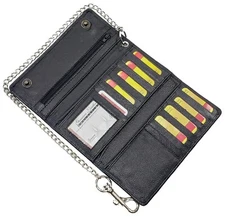 DEURA Genuine Leather Trifold Long Chain Motorcycle Biker Trucker Wallet RFID