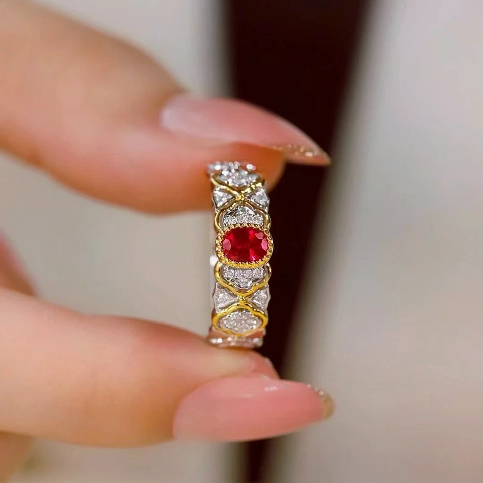 Anillo Dama Diamante Natural Rubí Creado en Laboratorio Milgrain De Colección Regalo Oro 14K 2 Tonos Foto 3 de 4