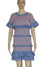 LoveShackFancy Aveline Ruffled Dress Printed Smocked Bell Sleeve Blue New XS