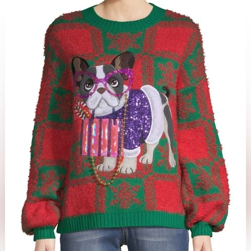 Holiday Time Red Sweater Size M French Bulldog Checkered Snowflakes Oversized - Picture 12 of 12