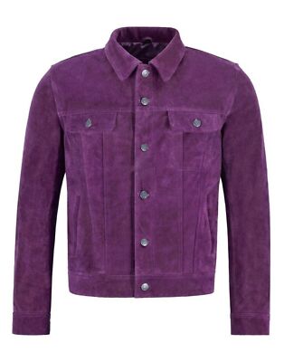 Mens Purple Leather Trucker Jacket Pure Suede Custom Made Size S M L XL 2XL 3XL
