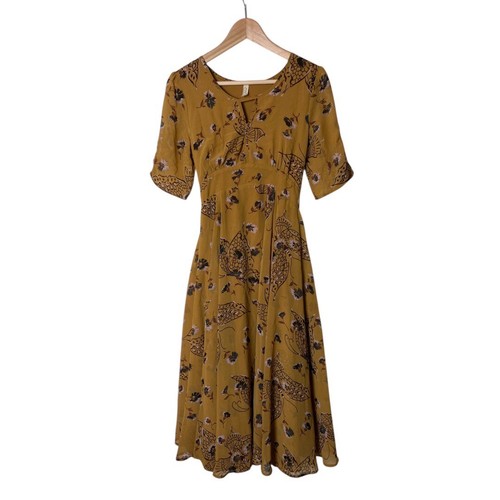 Free People Mustard Yellow BONNIE Butterfly Midi Dress Short Sleeve Boho 4 2179