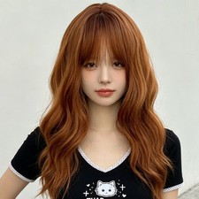 Women Auburn Medium Long Water Wave Wigs Air Bangs Fluffy Synthetic Full Wig