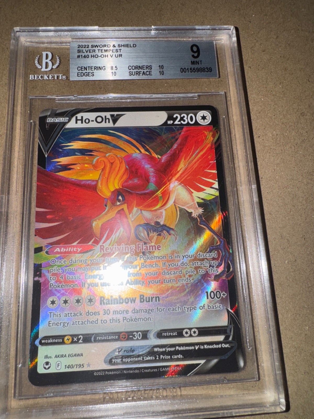 Ho-Oh V 140/195 Swsh12: Sword & Shield - Silver Tempest Holo Beckett Mint 9