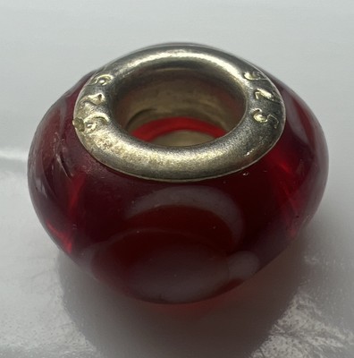 925 Sterling Silver Retro Slide Bubble Bead Murano Glass Red White Flowers