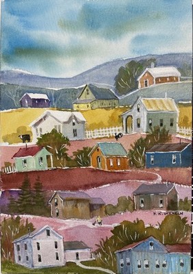 Pamela Wilhelm original 5 x7  Whimsical Watercolor Hillside Houses Rooster Cow