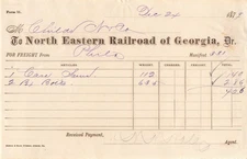 GA~GEORGIA~ATHENS~NORTH EASTERN RAILROAD OF GEORGIA 1879 FREIGHT RECEIPT~CHILDS