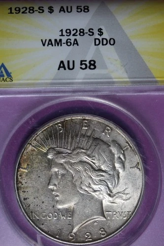 1928 S ANACS AU58 VAM-6A DD0 PEACE SILVER DOLLAR #B51464