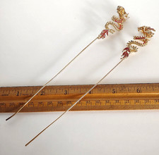 RARE Pair Of Vintage Japanese Metal Dragon Rhinestones Kanzashi Hair Sticks