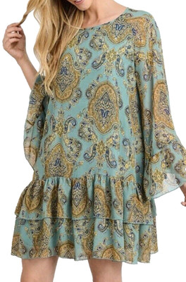 Doe & Rae Small Green Paisley Floral Dress Sheath Boho Festival Cottage *Read*
