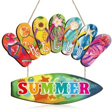 Hello Summer Door Sign Rustic Wood Summer Door Wall Decor Slippers Flower Summer