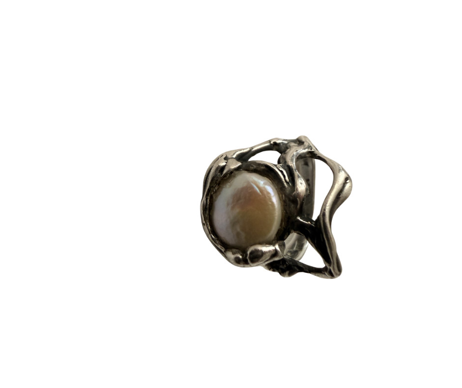 Brutalist Silver Statement Ring | Baroque Pearl |… - image 2