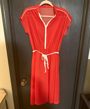 Red White Polka Dot Retro Shirtwaist Dress Tie Belt Button Front Midi