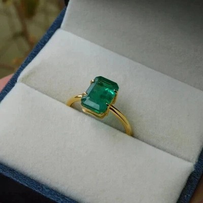 2 CT Emerald Cut Natural Green Emerald Solitaire Engagement Ring 10k Yellow Gold