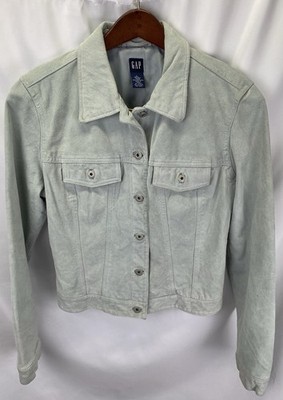 VINTAGE Gap Jacket Womens Large Sage Green Suede Leather Trucker Y2K 90s