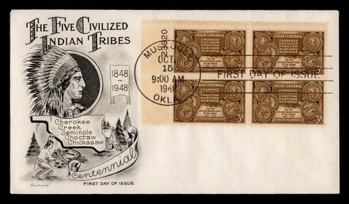 DR WHO 1948 FDC INDIAN TRIBE CENTENNIAL PLATE BLOCK FLEETWOOD CACHET M75647