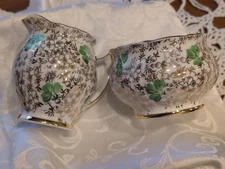 T.F&S Phoenix Bone China Creamer & Open Sugar Bowl Gold Vines And Green Clover