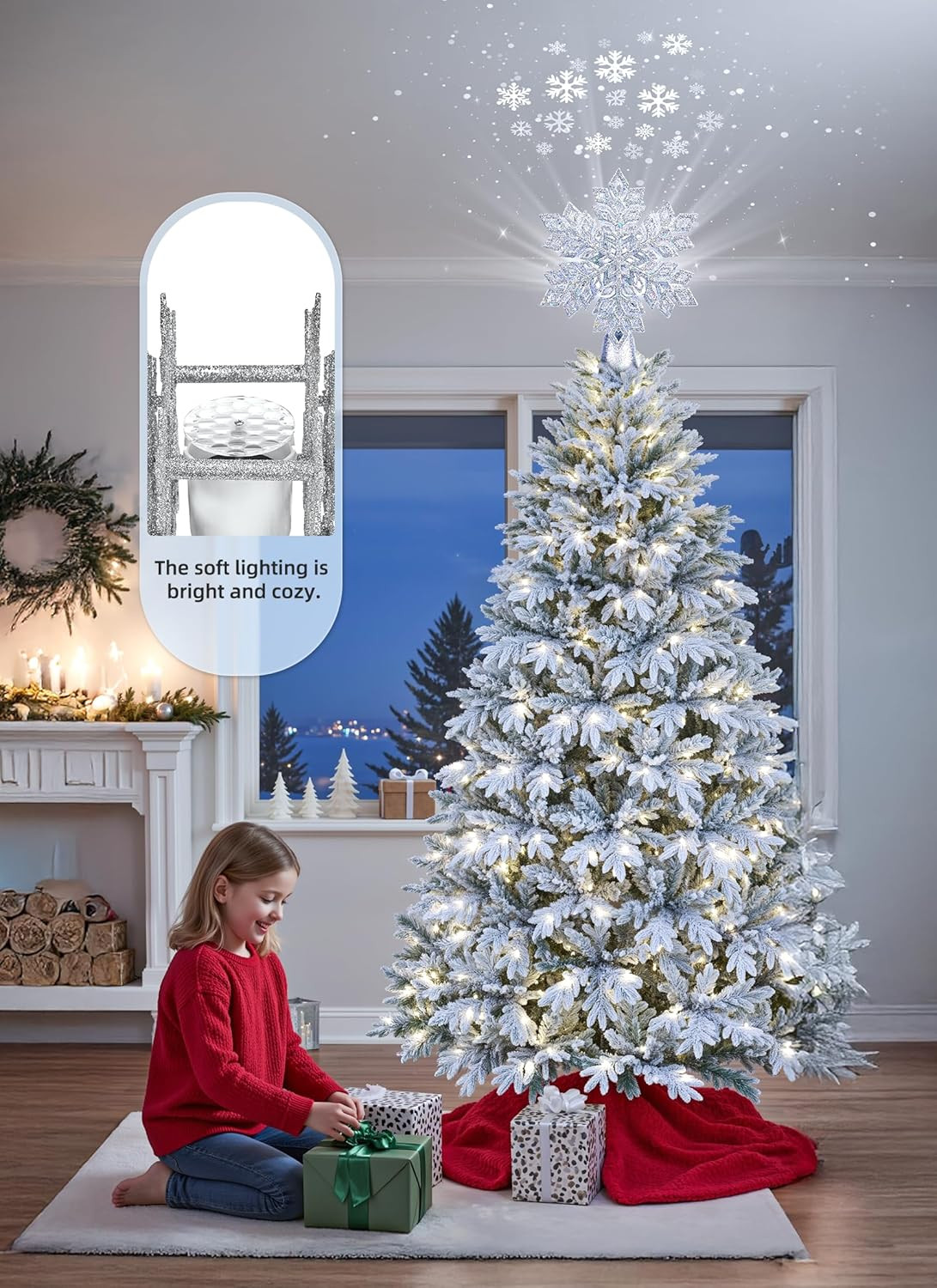 Christmas Tree Topper with Built-In 3D Glitter Led Snowflake Projector Lights, S