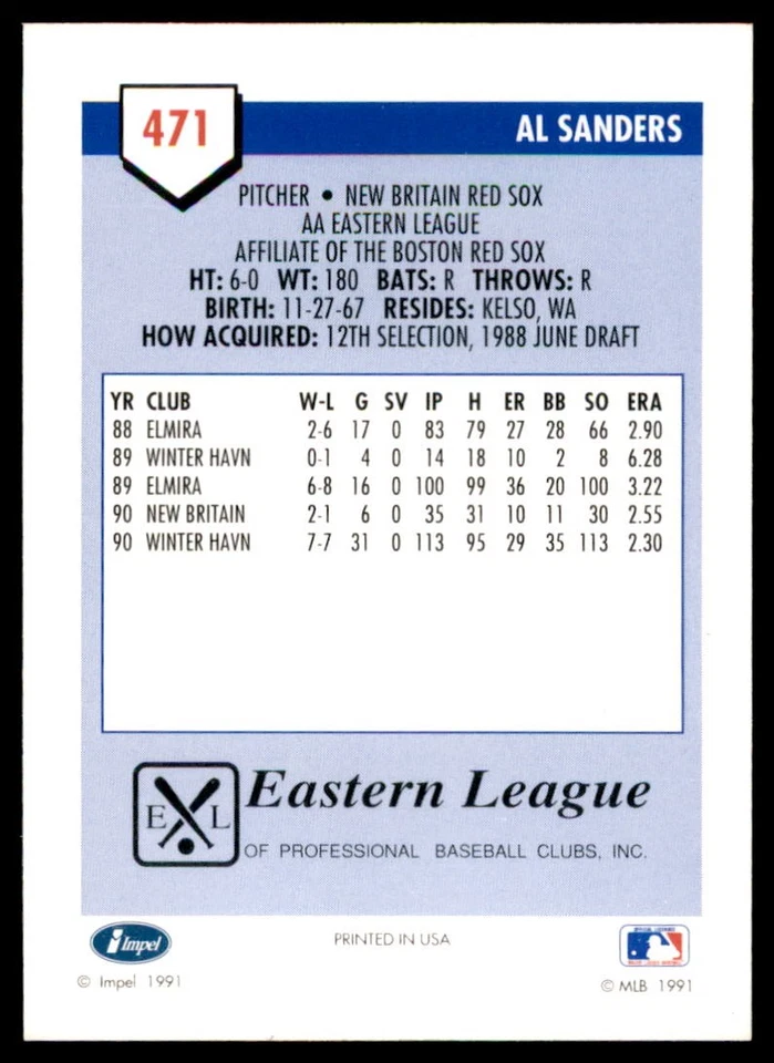 1991 Line Drive AA #471 Al Sanders New Britain Red Sox - Image 2 of 2