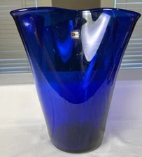 BLENKO Cobalt Blue Pinched Vase Rare 14” Sticker, Massive!