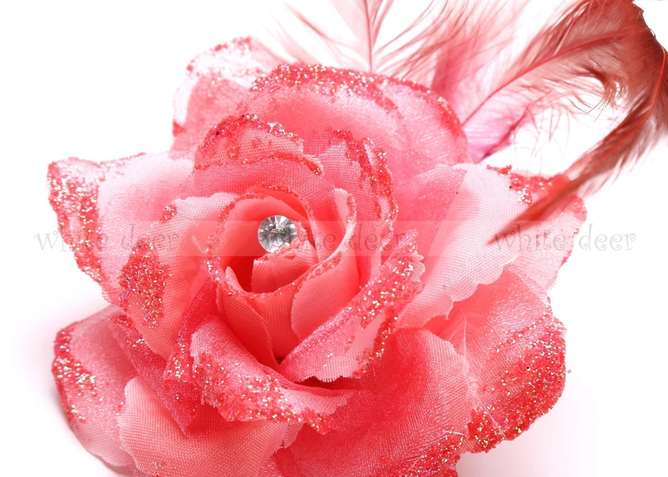 Lady Feather Rose Flower Brooch Pin Clip Glitter Hair Headdress Rhinestone - Image 2 of 3